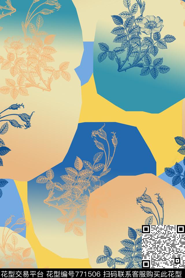 风格化花卉几何图案不规则几何拼接数码印花花型下载（图片编号: 771506） - 瓦栏（Walan）