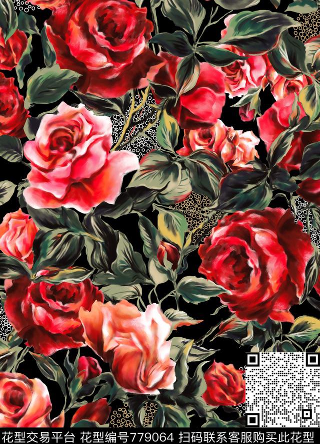 玫瑰油画花卉手绘花卉数码印花花型下载（图片编号: 779064） - 瓦栏（Walan）