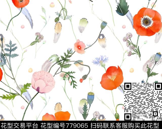 奇幻花卉水彩羽毛数码印花花型下载（图片编号: 779065） - 瓦栏（Walan）