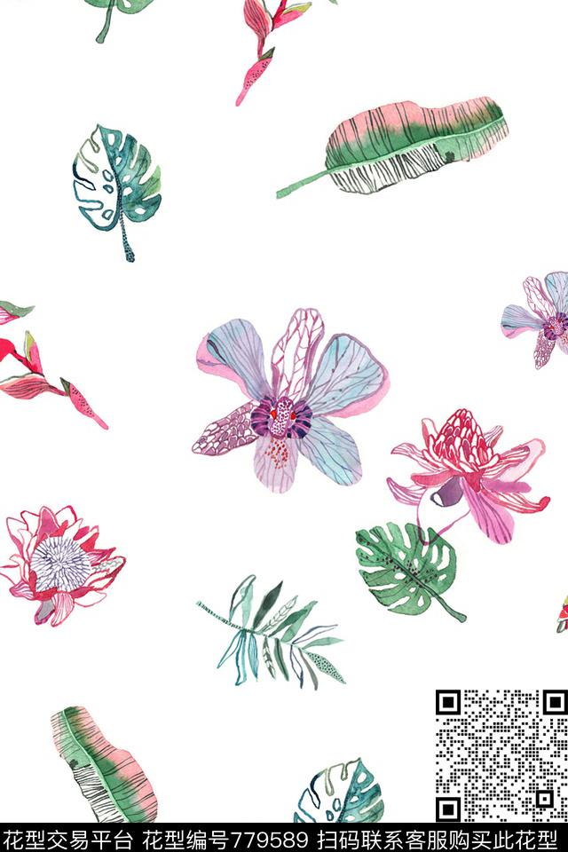 大花花卉花朵数码印花花型下载（图片编号: 779589） - 瓦栏（Walan）