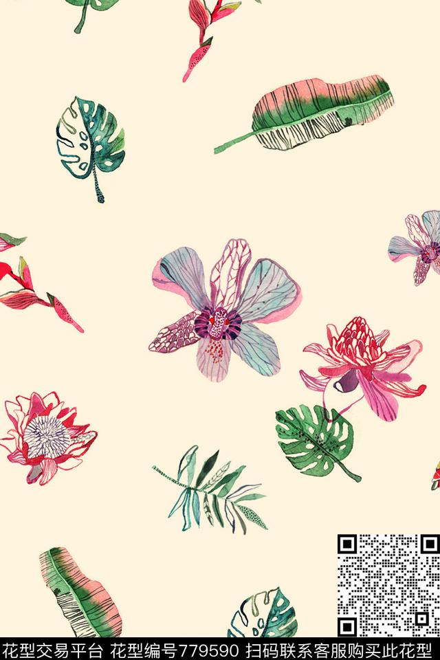 大花花卉花朵数码印花花型下载（图片编号: 779590） - 瓦栏（Walan）