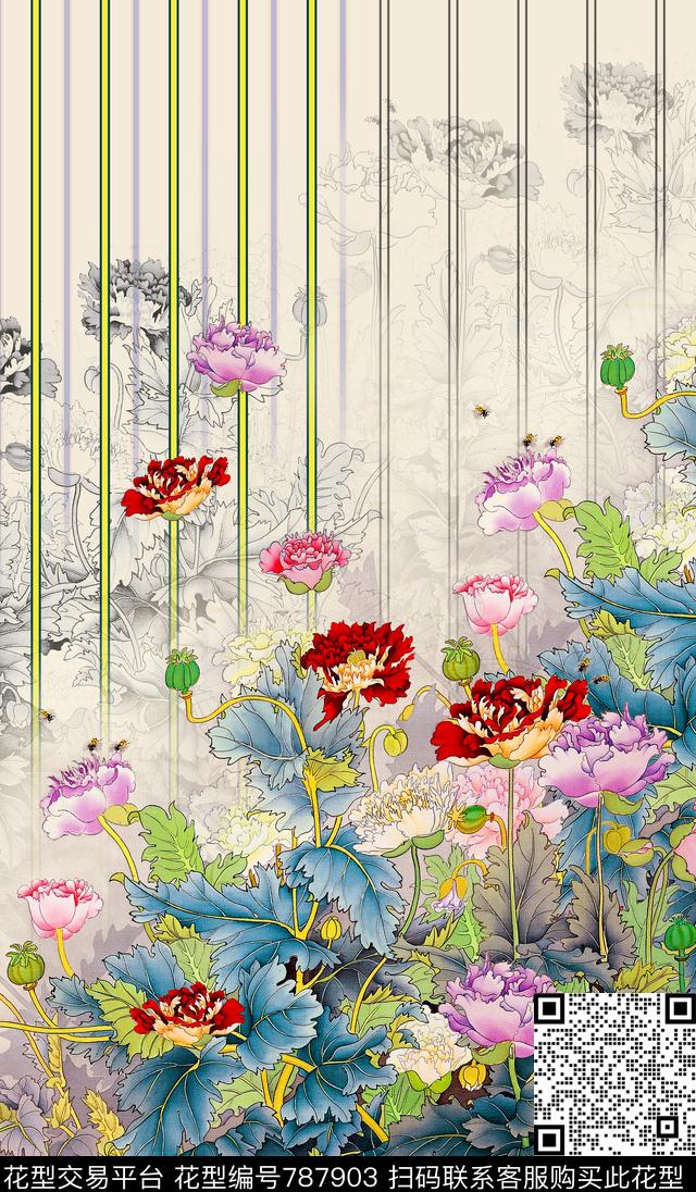 LZY147.jpg - 787903 - 罂粟花 巴洛克 条纹 - 数码印花花型 － 女装花型设计 － 瓦栏