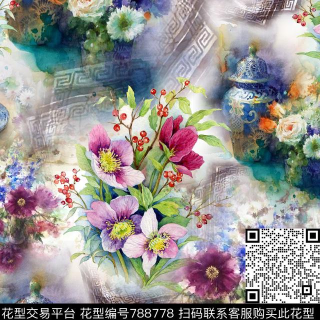 LZY151.jpg - 788778 - 百合 雏菊 白描意境 - 数码印花花型 － 女装花型设计 － 瓦栏