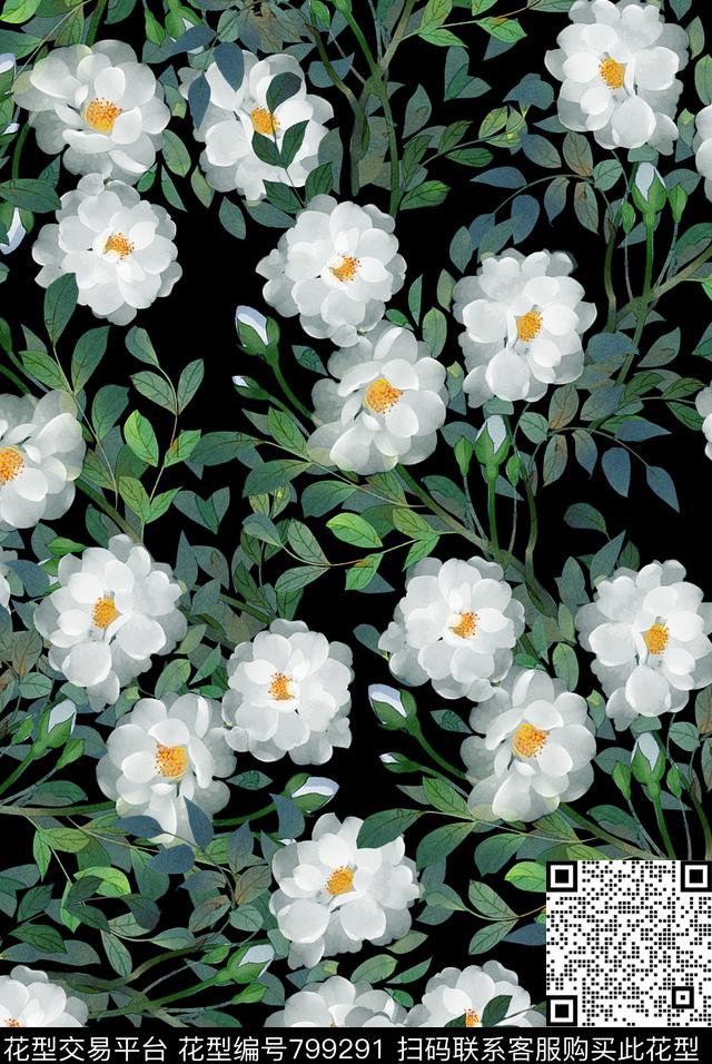 植物中国风国画数码印花花型下载（图片编号: 799291） - 瓦栏（Walan）