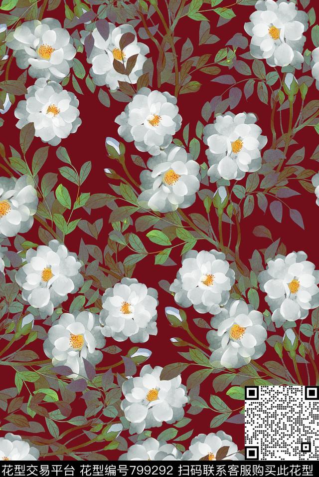 植物中国风国画数码印花花型下载（图片编号: 799292） - 瓦栏（Walan）