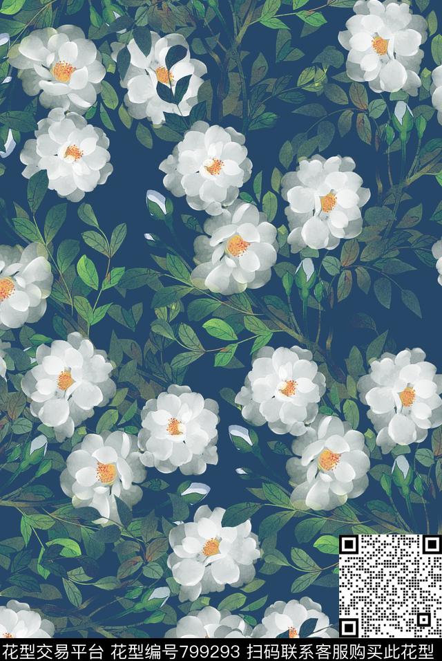 植物中国风国画数码印花花型下载（图片编号: 799293） - 瓦栏（Walan）