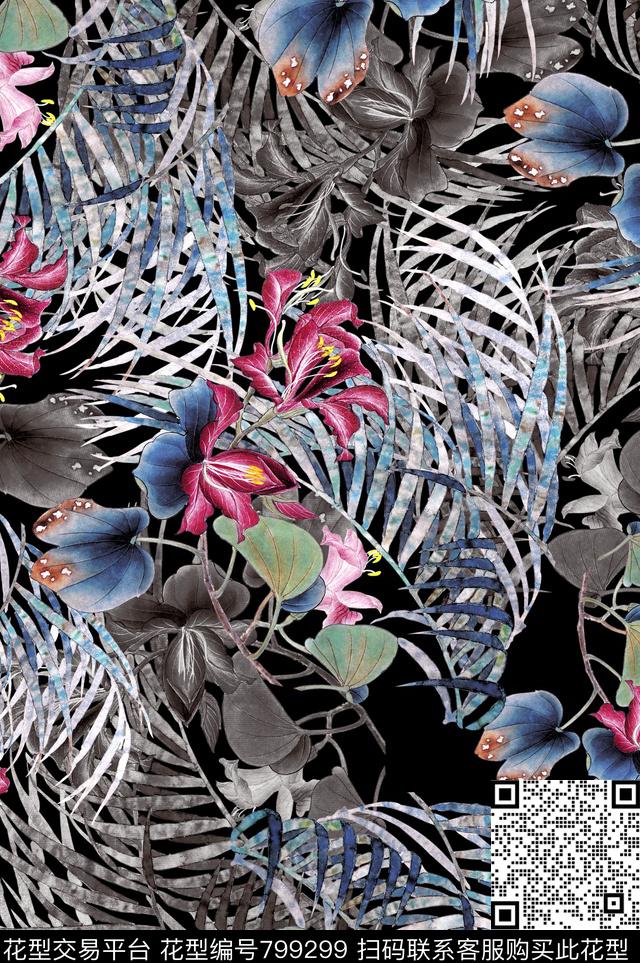 植物中国风国画数码印花花型下载（图片编号: 799299） - 瓦栏（Walan）