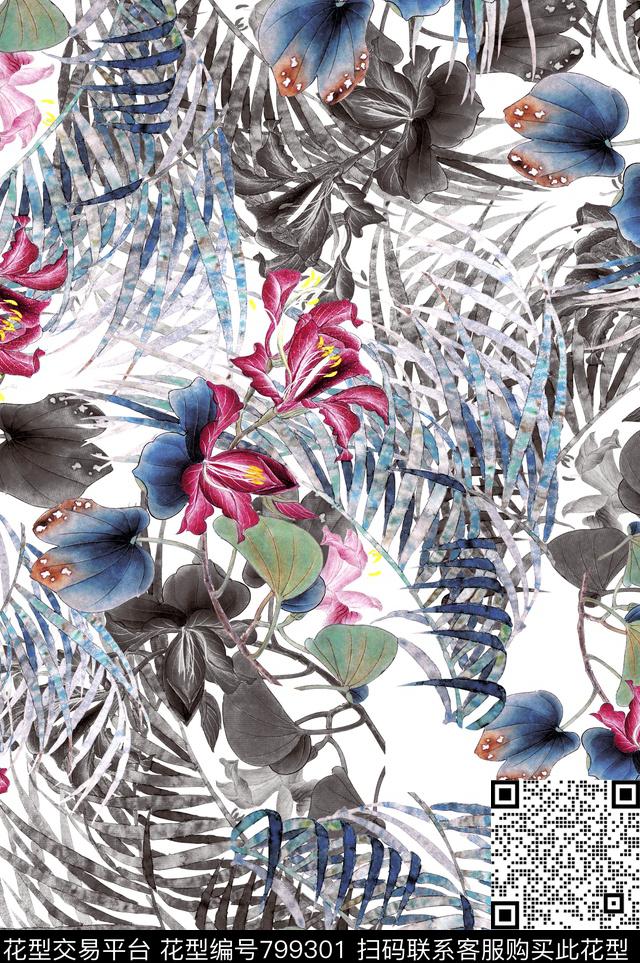 植物中国风国画数码印花花型下载（图片编号: 799301） - 瓦栏（Walan）