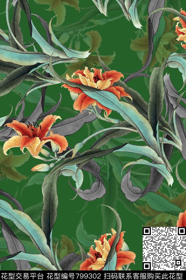 植物中国风国画数码印花花型下载（图片编号: 799302） - 瓦栏（Walan）