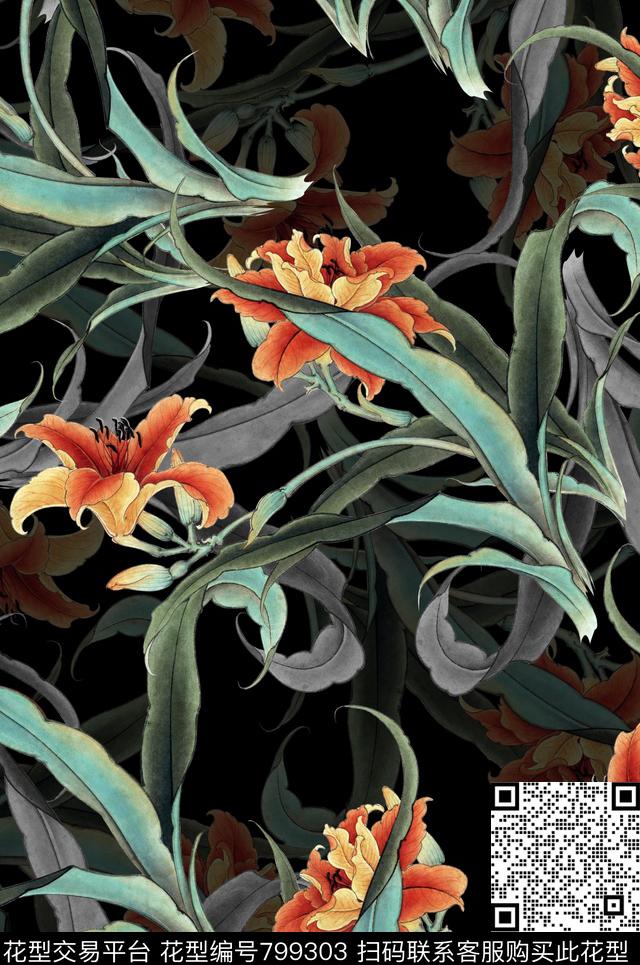 植物中国风国画数码印花花型下载（图片编号: 799303） - 瓦栏（Walan）