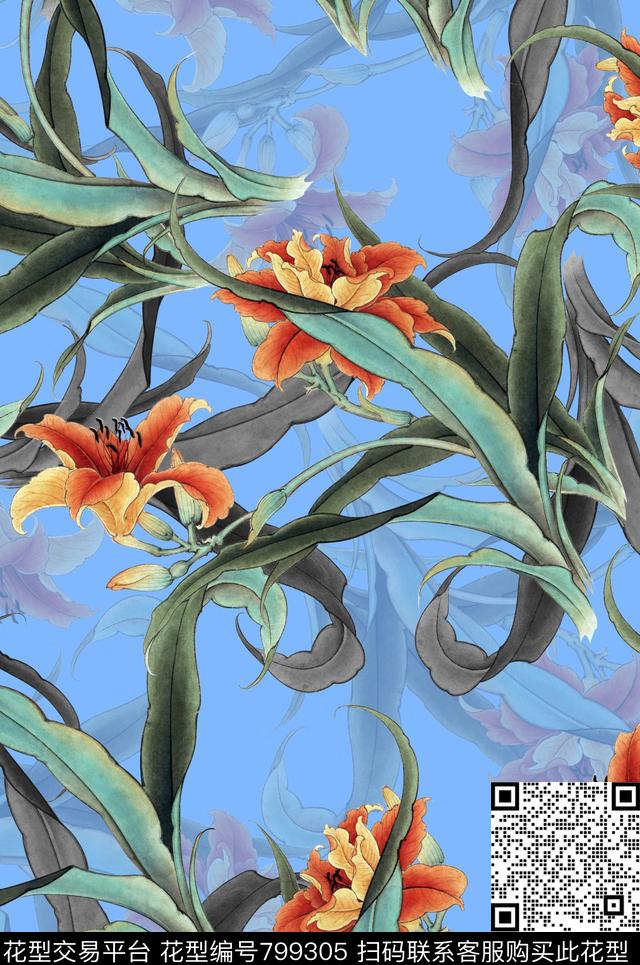 植物中国风国画数码印花花型下载（图片编号: 799305） - 瓦栏（Walan）