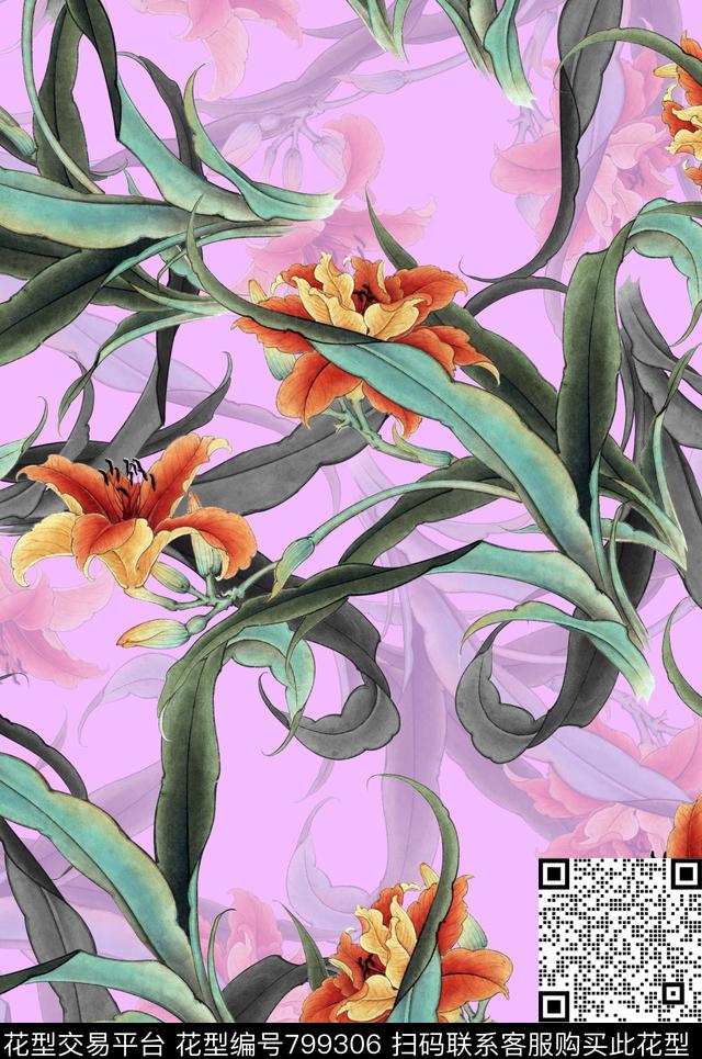 植物中国风国画数码印花花型下载（图片编号: 799306） - 瓦栏（Walan）