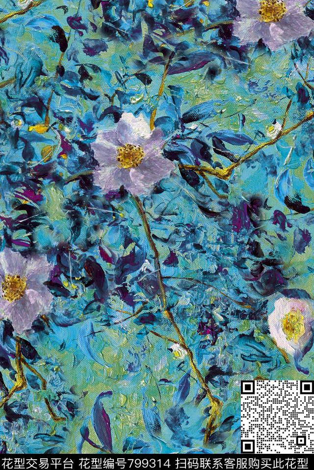 植物中国风国画数码印花花型下载（图片编号: 799314） - 瓦栏（Walan）