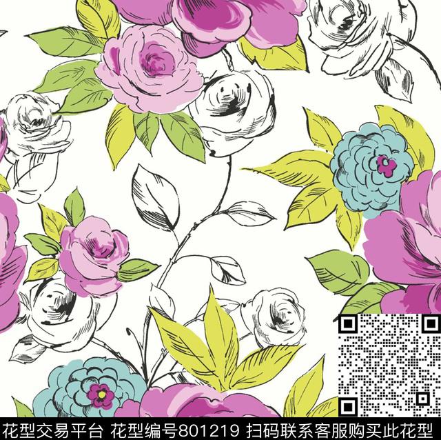牡丹花卉彩色色块数码印花花型下载（图片编号: 801219） - 瓦栏（Walan）