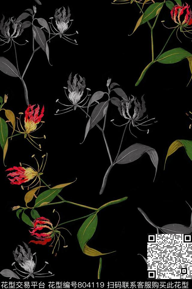 手绘花卉组合花卉图案青蓝雅韵系列数码印花花型下载（图片编号: 804119） - 瓦栏（Walan）