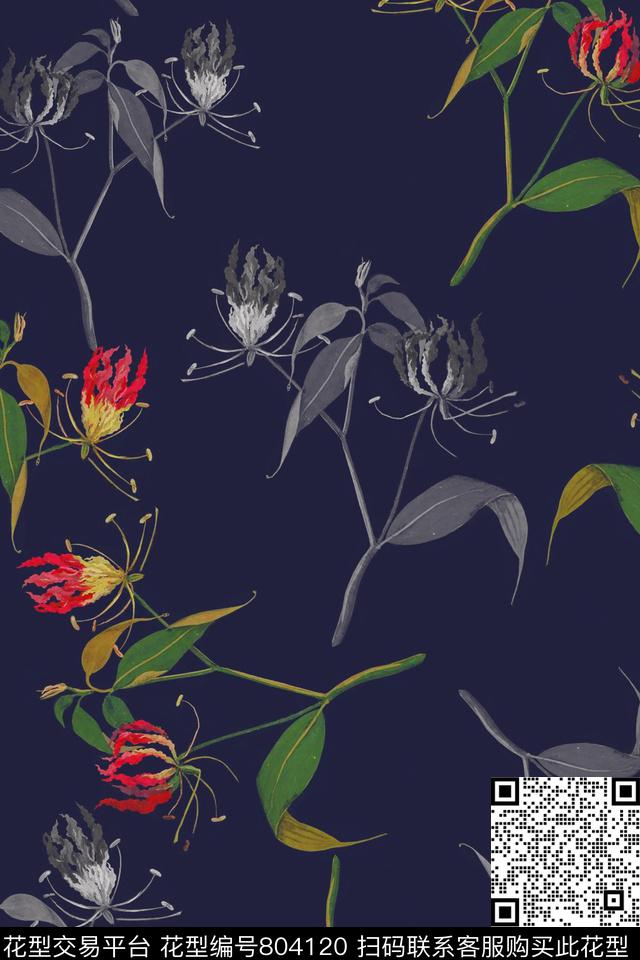 手绘花卉组合花卉图案青蓝雅韵系列数码印花花型下载（图片编号: 804120） - 瓦栏（Walan）