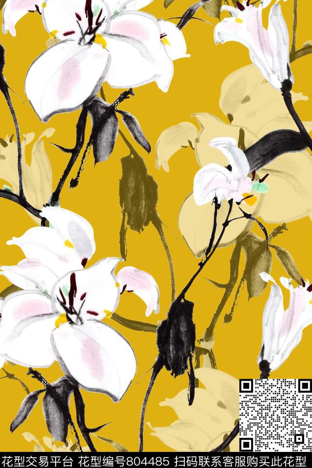 植物中国风国画数码印花花型下载（图片编号: 804485） - 瓦栏（Walan）