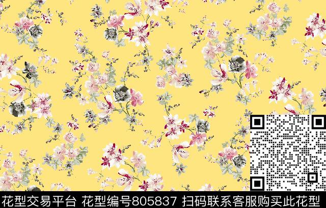 2.tif - 805837 - 红色花卉 水蓝 嫩黄 - 传统印花花型 － 女装花型设计 － 瓦栏