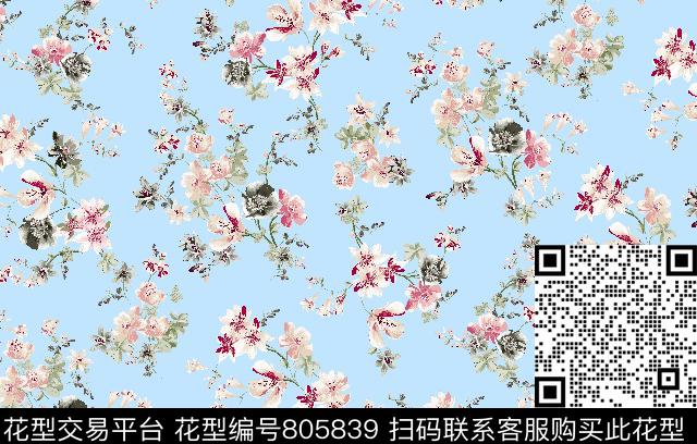 3.tif - 805839 - 红色花卉 水蓝 嫩黄 - 传统印花花型 － 女装花型设计 － 瓦栏