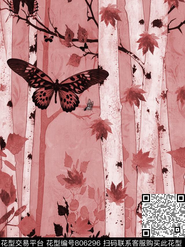 枫林1.jpg - 806296 - 树林 蝴蝶 枫叶 - 数码印花花型 － 女装花型设计 － 瓦栏