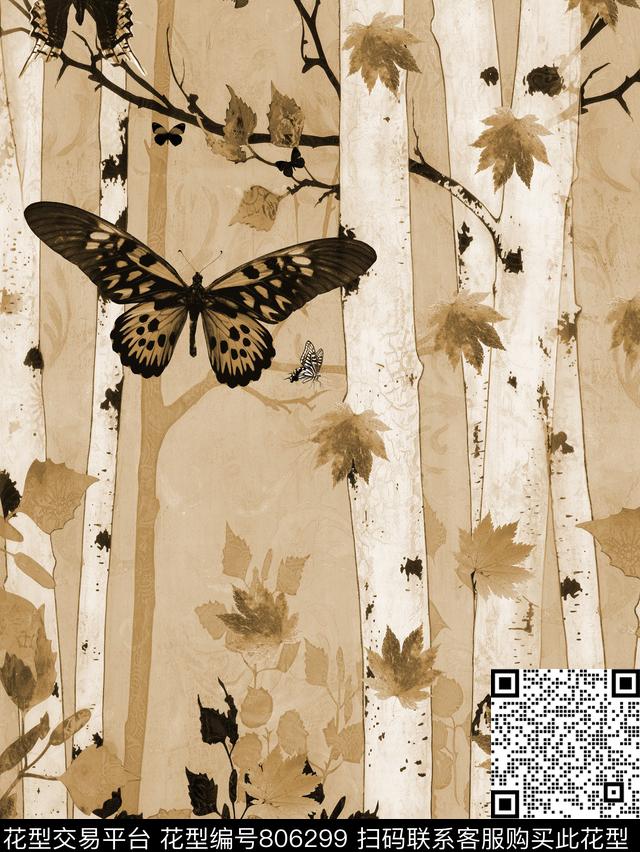枫林3.jpg - 806299 - 树林 蝴蝶 枫叶 - 数码印花花型 － 女装花型设计 － 瓦栏