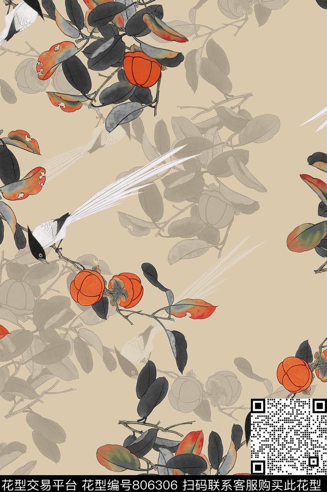 植物中国风国画数码印花花型下载（图片编号: 806306） - 瓦栏（Walan）