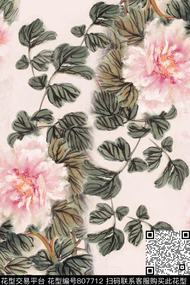 中国风花.jpg - 807712 - 花朵 花卉 大花 - 数码印花花型 － 女装花型设计 － 瓦栏
