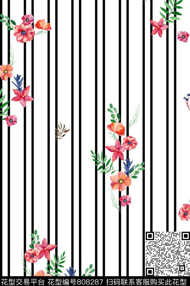 花卉细条纹小花数码印花花型下载（图片编号: 808287） - 瓦栏（Walan）