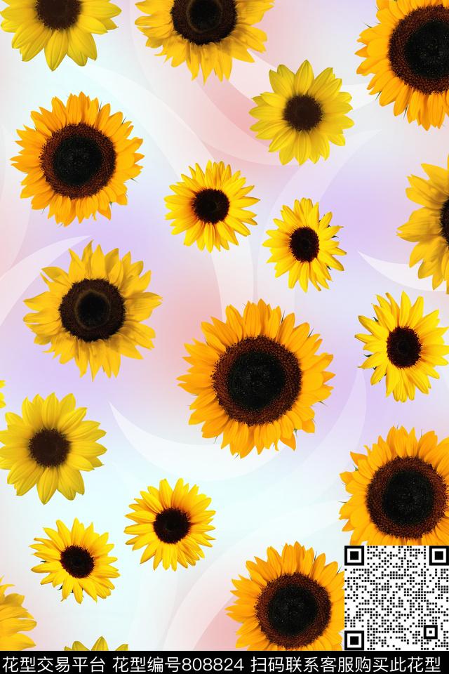 几何花卉组合花朵向日葵数码印花花型下载（图片编号: 808824） - 瓦栏（Walan）