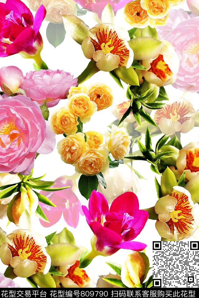 未标题-1.jpg - 809790 - 玫瑰 玉兰花 花朵 - 数码印花花型 － 女装花型设计 － 瓦栏