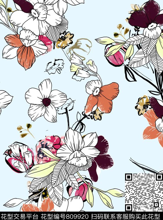 花卉热带手绘传统印花花型下载（图片编号: 809920） - 瓦栏（Walan）