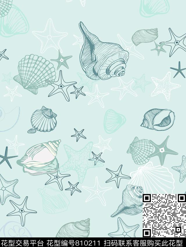女裙.tif - 810211 - 海洋 贝壳 海星 - 数码印花花型 － 女装花型设计 － 瓦栏