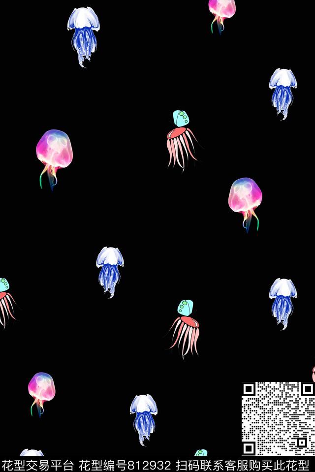 水母海洋生物蝴蝶数码印花花型下载（图片编号: 812932） - 瓦栏（Walan）
