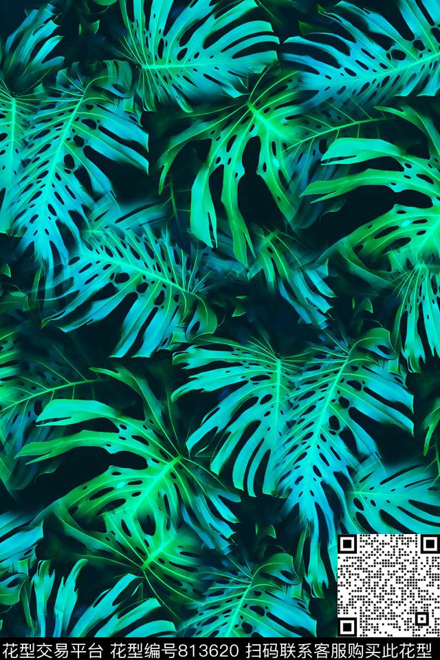 棕榈叶热带雨林阔叶植物数码印花花型下载（图片编号: 813620） - 瓦栏（Walan）