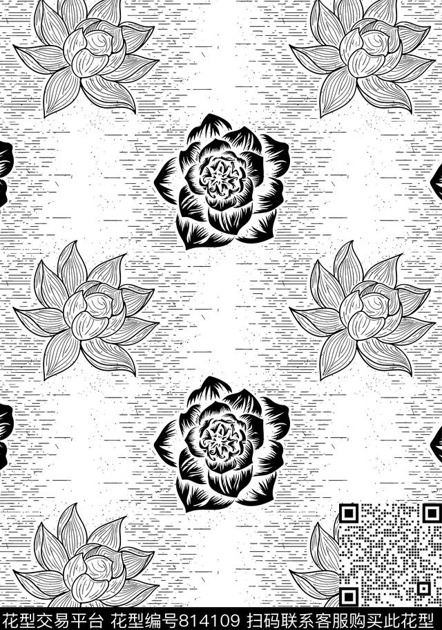 xl-536.jpg - 814109 - 黑白 花 条纹 - 传统印花花型 － 女装花型设计 － 瓦栏