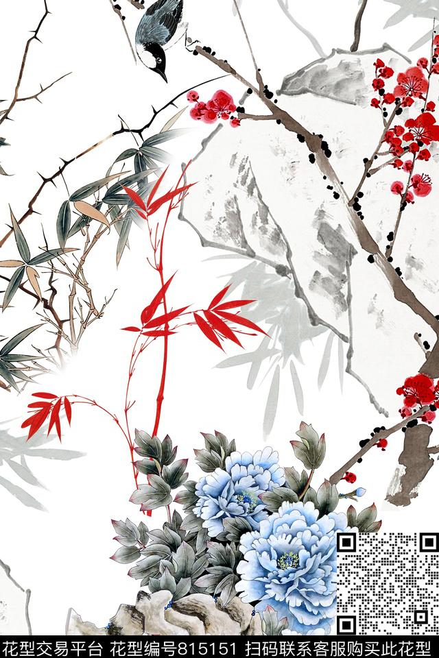女装中国风山水花鸟数码印花花型下载（图片编号: 815151） - 瓦栏（Walan）