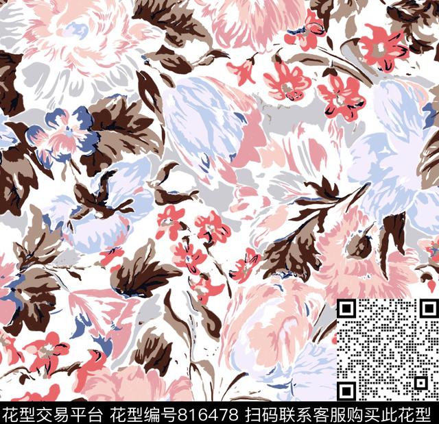 水彩手绘大花传统印花花型下载（图片编号: 816478） - 瓦栏（Walan）