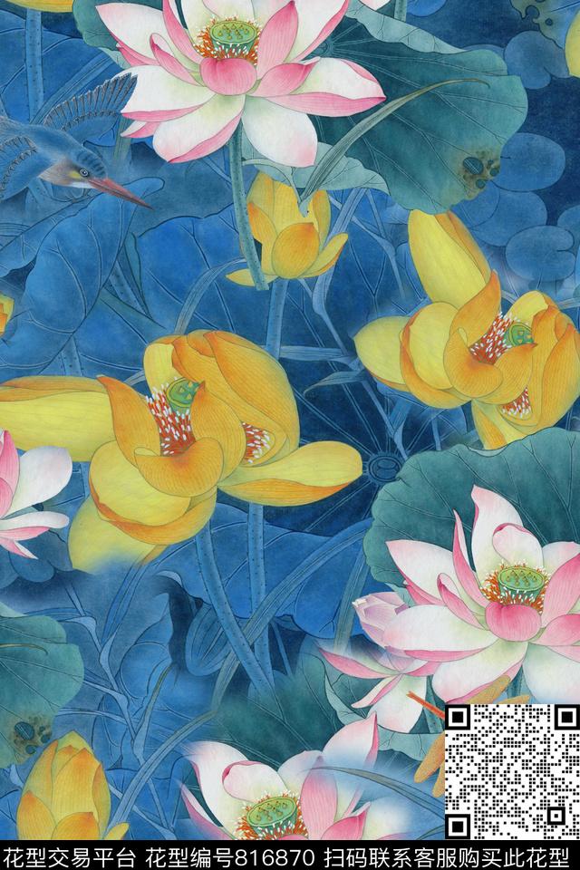 满版荷花-2 - 816870 - 花鸟 中国风 工笔花卉 - 数码印花花型 － 女装花型设计 － 瓦栏