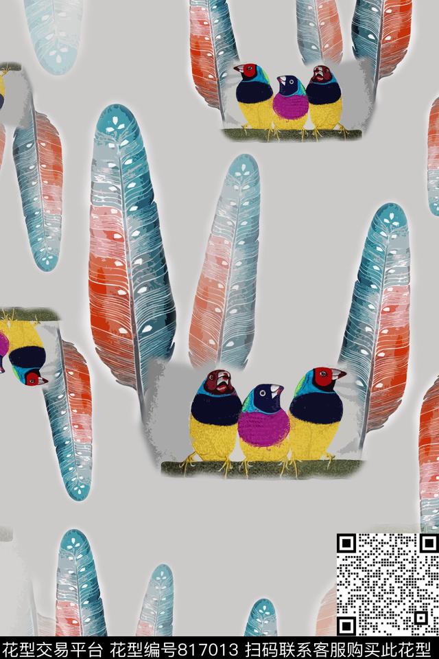 鸟昆虫图案羽毛飘飘羽毛组合数码印花花型下载（图片编号: 817013） - 瓦栏（Walan）