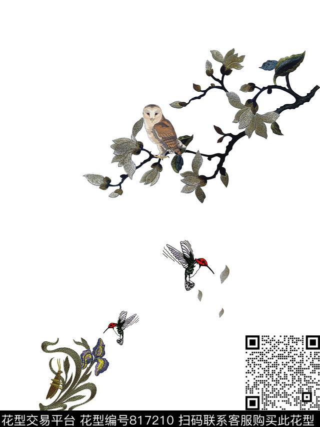 时尚树枝鸟数码印花花型下载（图片编号: 817210） - 瓦栏（Walan）
