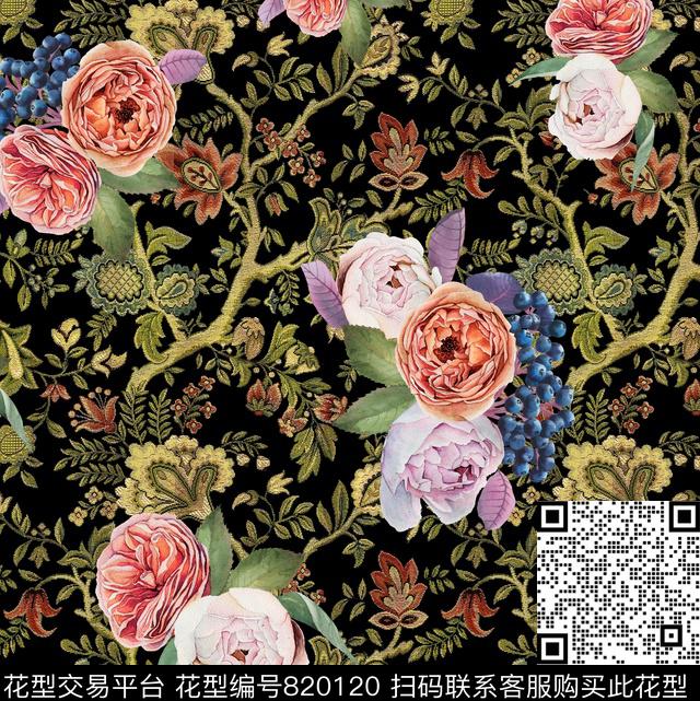 319-ok.tif - 820120 - 沙发 花卉 欧式 - 数码印花花型 － 沙发布花型设计 － 瓦栏