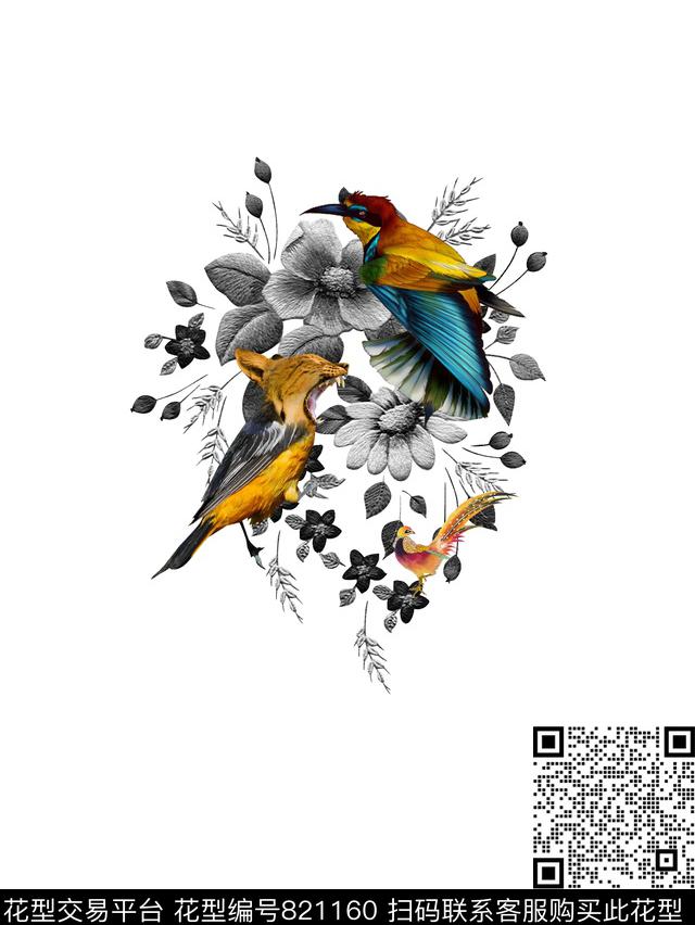 欧式时尚花鸟数码印花花型下载（图片编号: 821160） - 瓦栏（Walan）