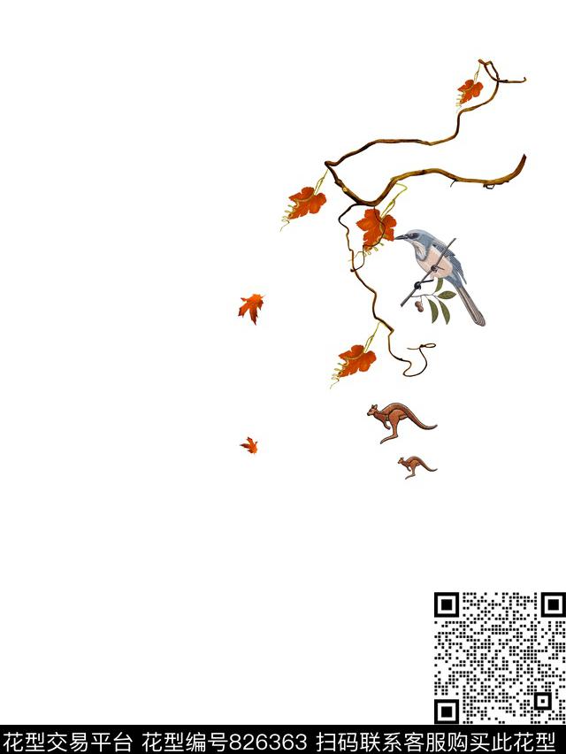 鸟花卉欧式数码印花花型下载（图片编号: 826363） - 瓦栏（Walan）