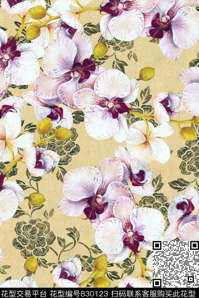 植物中国风国画数码印花花型下载（图片编号: 830123） - 瓦栏（Walan）