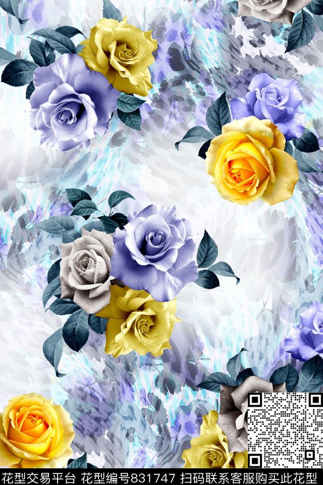 炫彩抽象花朵数码印花花型下载（图片编号: 831747） - 瓦栏（Walan）