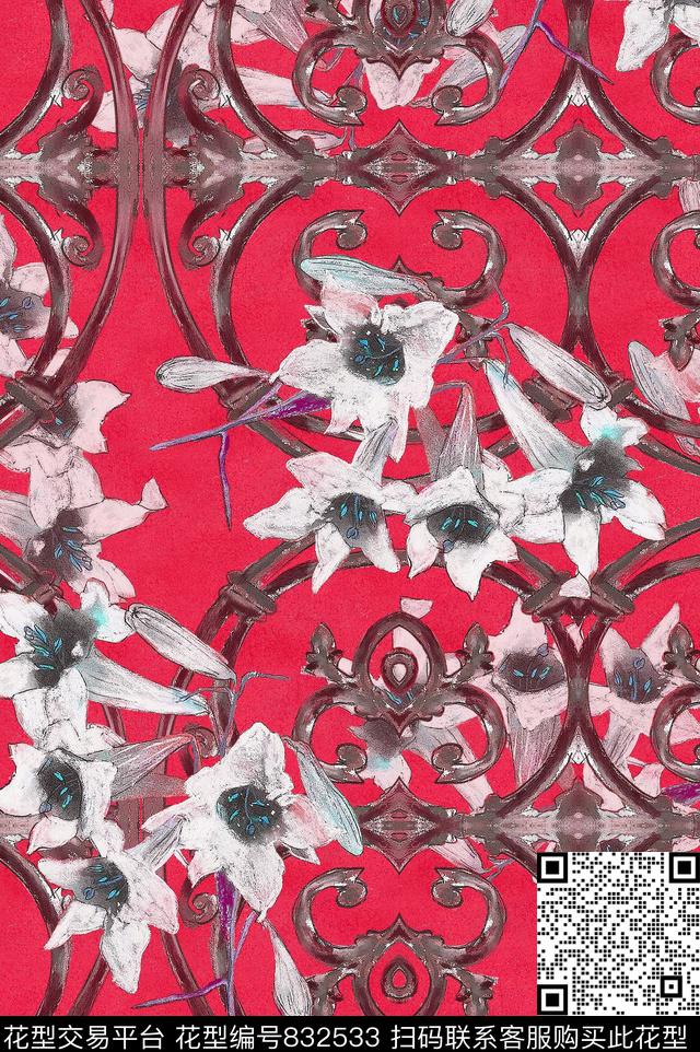 植物中国风国画数码印花花型下载（图片编号: 832533） - 瓦栏（Walan）