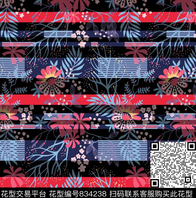海军条纹海洋生物花卉传统印花花型下载（图片编号: 834238） - 瓦栏（Walan）