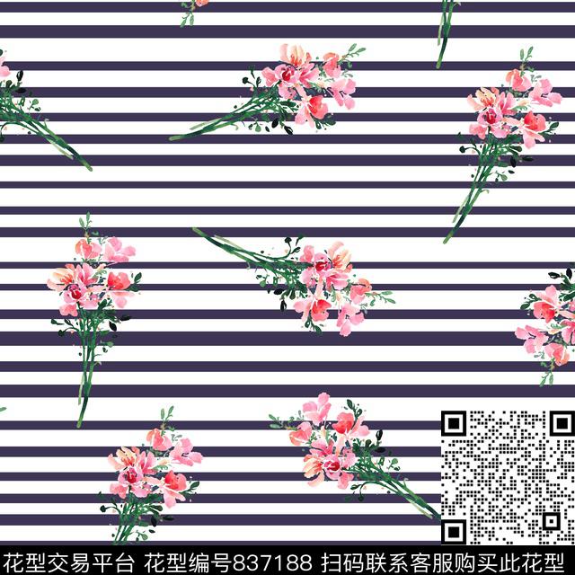 024-1.tif - 837188 - 条纹花卉 束花 乱花 - 数码印花花型 － 女装花型设计 － 瓦栏