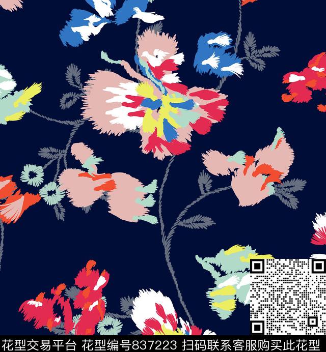 绣花抽象花枝传统印花花型下载（图片编号: 837223） - 瓦栏（Walan）