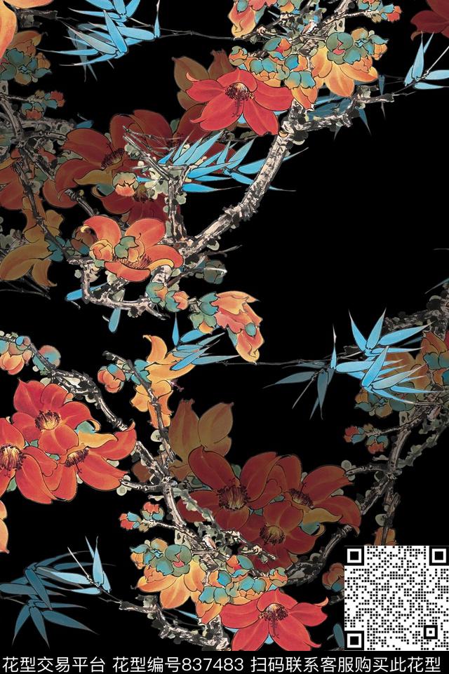 植物中国风国画数码印花花型下载（图片编号: 837483） - 瓦栏（Walan）